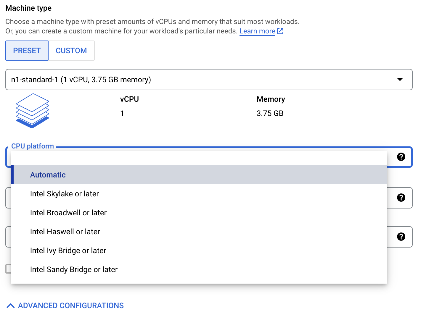 CPU platform in Advanced Configurations
